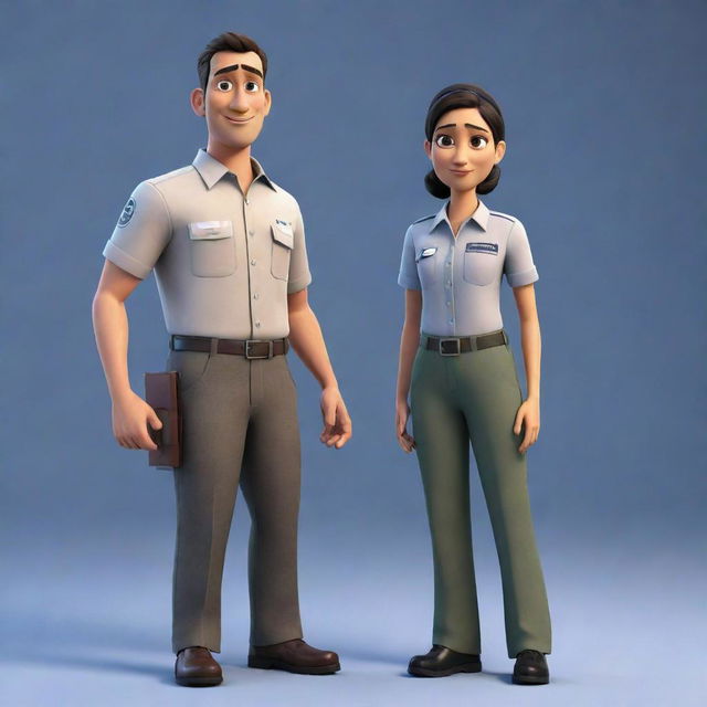 A man and a Muslim woman officer, wearing work shirts and pants with KPPS tags, depicted in Pixar-style animation