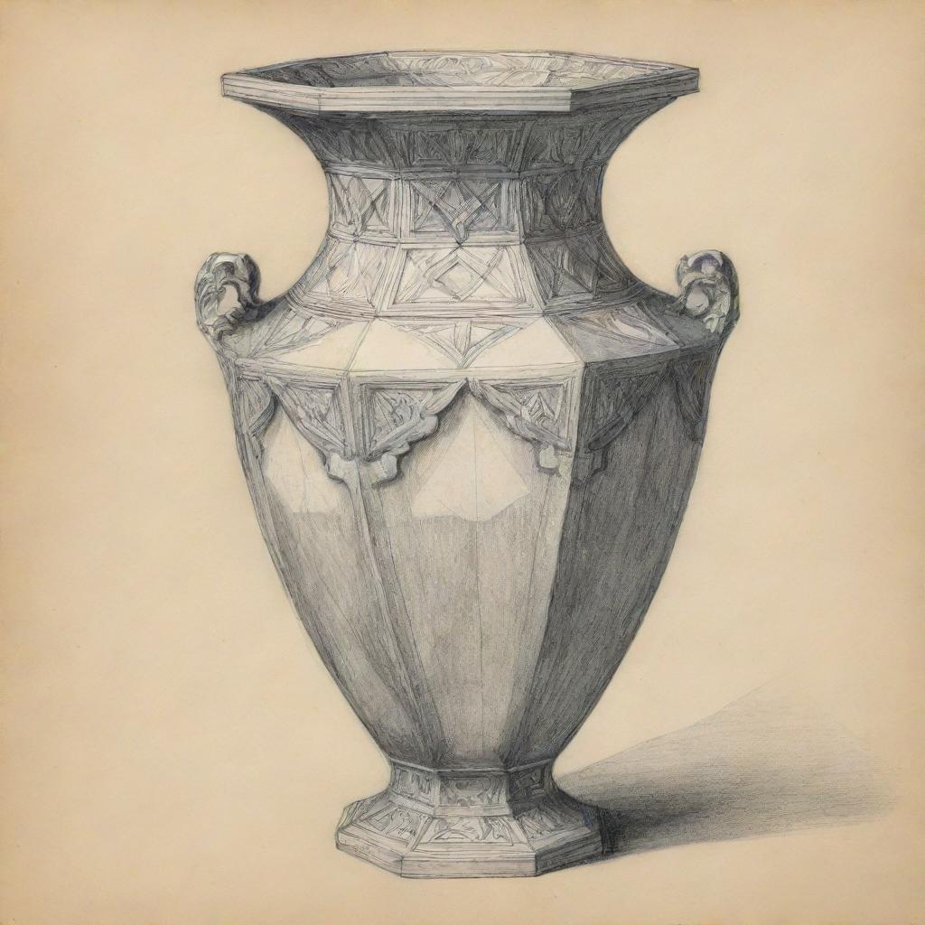 A pencil sketch of an elaborate polygonal vase, emphasizing the geometric intricacies and unique architecture