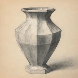 A pencil sketch of an elaborate polygonal vase, emphasizing the geometric intricacies and unique architecture