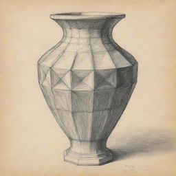 A pencil sketch of an elaborate polygonal vase, emphasizing the geometric intricacies and unique architecture