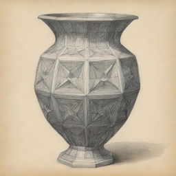 A pencil sketch of an elaborate polygonal vase, emphasizing the geometric intricacies and unique architecture