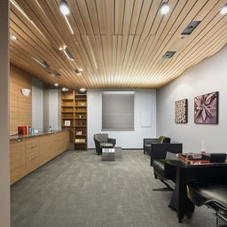 Elegant advocate office interior, 270 sq. ft. with cabinets, waiting area design, professional furniture, detailed ceiling, dimensions 27x10 ft, modern style.