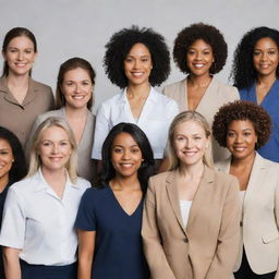 A diverse group of strong, empowered women of various races, ages, and professions standing together in unity