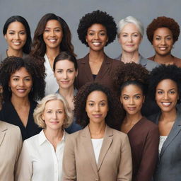 A diverse group of strong, empowered women of various races, ages, and professions standing together in unity