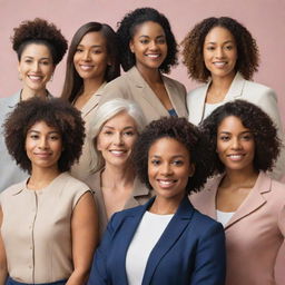 A diverse group of strong, empowered women of various races, ages, and professions standing together in unity