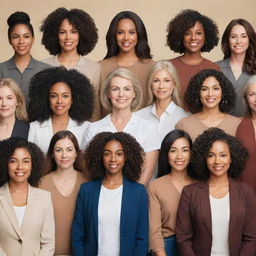 A diverse group of strong, empowered women of various races, ages, and professions standing together in unity