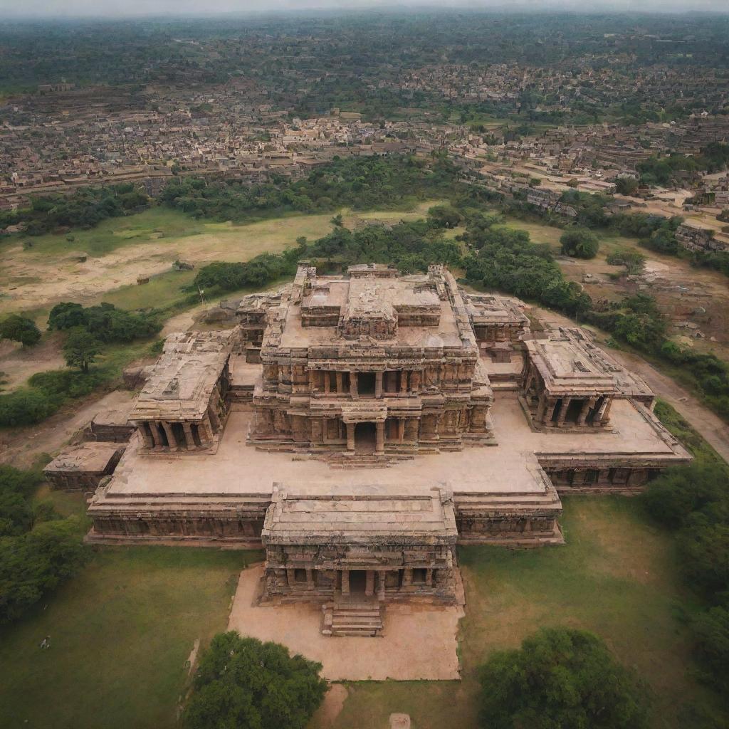 An emotive aerial view of the Kingdom of Hampi, capturing its grandeur through a stunning long shot. Show a moment in the city's life adding rich details to the architecture and surrounding landscape.