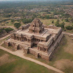 An emotive aerial view of the Kingdom of Hampi, capturing its grandeur through a stunning long shot. Show a moment in the city's life adding rich details to the architecture and surrounding landscape.