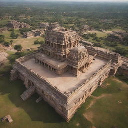 An emotive aerial view of the Kingdom of Hampi, capturing its grandeur through a stunning long shot. Show a moment in the city's life adding rich details to the architecture and surrounding landscape.