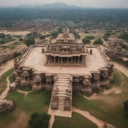 An emotive aerial view of the Kingdom of Hampi, capturing its grandeur through a stunning long shot. Show a moment in the city's life adding rich details to the architecture and surrounding landscape.