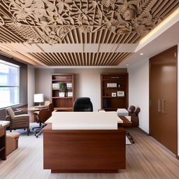 Elegant advocate office interior, 270 sq. ft. with two cabinets, waiting area, professional furniture, intricate ceiling, dimensions 27x10 ft, contemporary style.