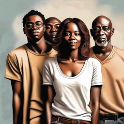 A high-quality digital art piece depicting four individuals, one woman and three men