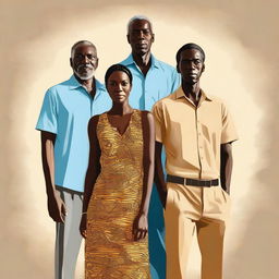 A high-quality digital art piece depicting four individuals, one woman and three men