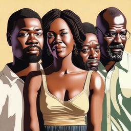 A high-quality digital art piece depicting four individuals, one woman and three men