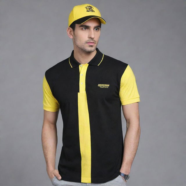 Create a plain black polo t-shirt with 'KC Express' written in yellow on both the front and back. Additionally, depict a yellow cap with 'KC Express' written in black.