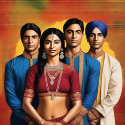 A high-quality digital art piece showcasing four individuals of Indian descent, one woman and three men