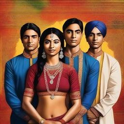 A high-quality digital art piece showcasing four individuals of Indian descent, one woman and three men