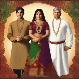 A high-quality digital art piece showcasing four individuals of Indian descent, one woman and three men