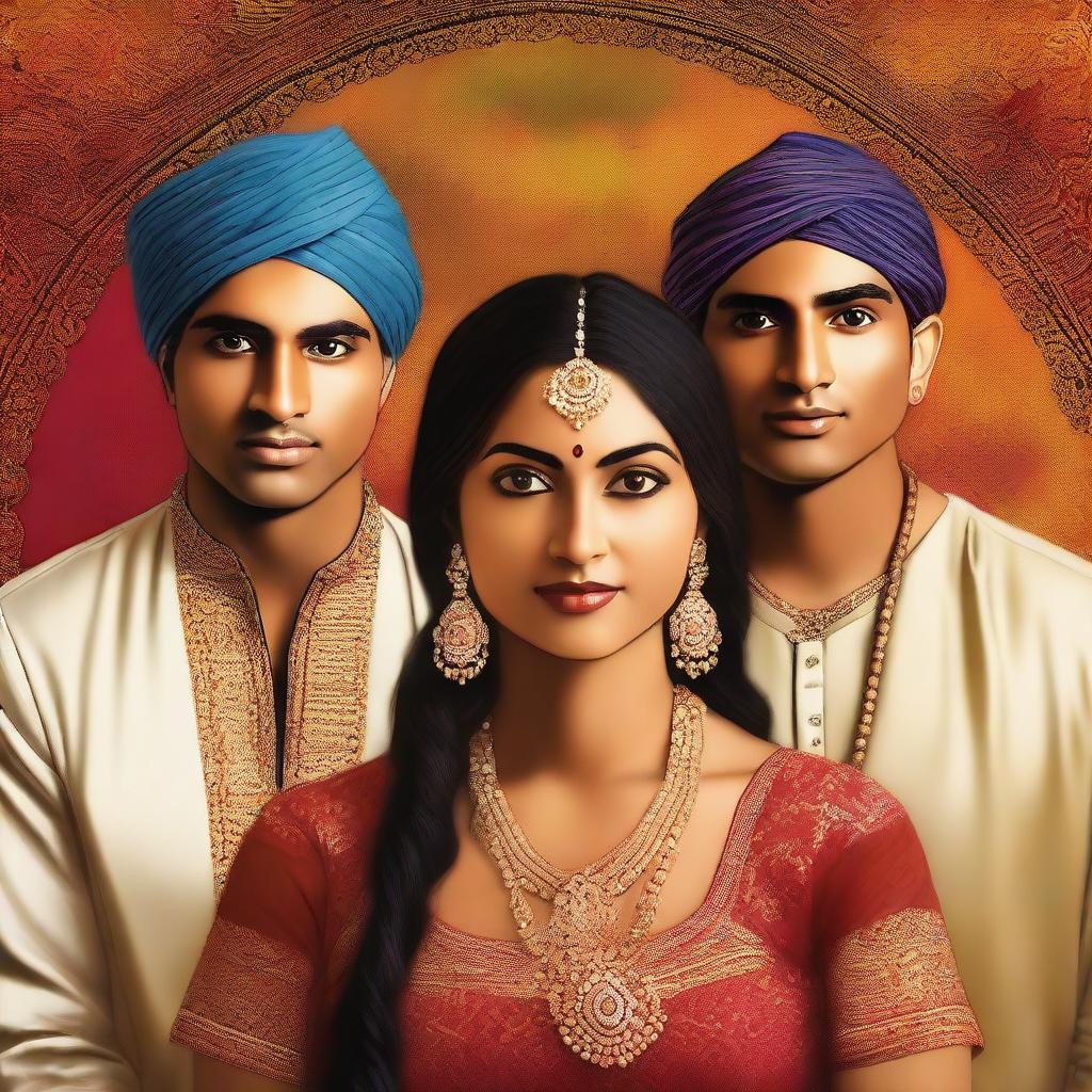 A high-quality digital art piece showcasing four individuals of Indian descent, one woman and three men