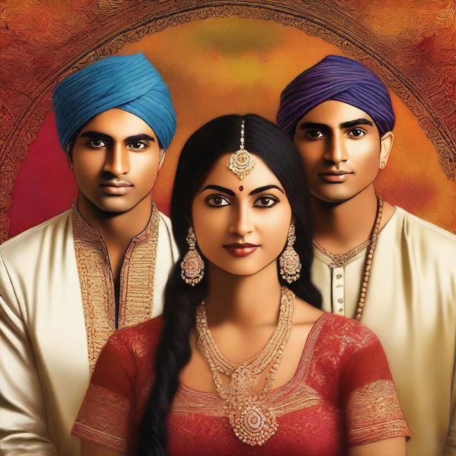 A high-quality digital art piece showcasing four individuals of Indian descent, one woman and three men
