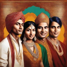 A high-quality digital art piece showcasing four individuals of Indian descent, one woman and three men