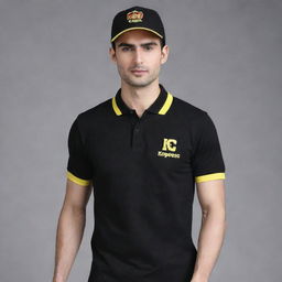 Create a plain black polo t-shirt with 'KC Express' written in yellow on both the front and back. Additionally, depict a yellow cap with 'KC Express' written in black.