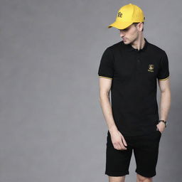 Create a plain black polo t-shirt with 'KC Express' written in yellow on both the front and back. Additionally, depict a yellow cap with 'KC Express' written in black.