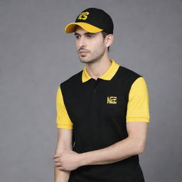 Create a plain black polo t-shirt with 'KC Express' written in yellow on both the front and back. Additionally, depict a yellow cap with 'KC Express' written in black.