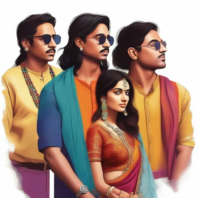 This is a high-quality digital art image portraying four individuals, one woman and three men, all of Indian descent