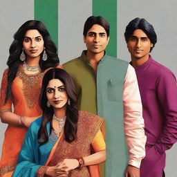 This is a high-quality digital art image portraying four individuals, one woman and three men, all of Indian descent