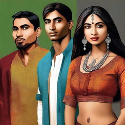 This is a high-quality digital art image portraying four individuals, one woman and three men, all of Indian descent