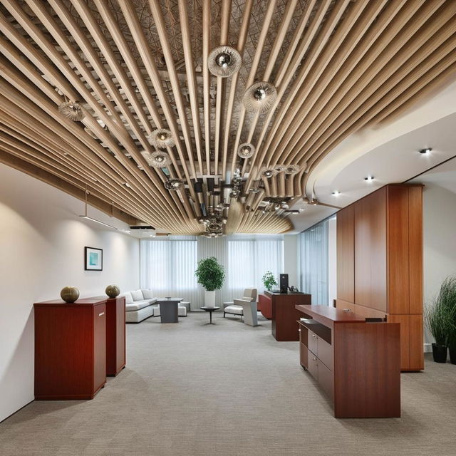 Elegant advocate office interior, 270 sq. ft. with two cabinets, waiting area, professional furniture, intricate ceiling, dimensions 27x10 ft, contemporary style.