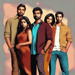 A high-quality digital art image showcasing four individuals, one woman and three men, of Indian descent