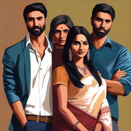 A high-quality digital art image showcasing four individuals, one woman and three men, of Indian descent