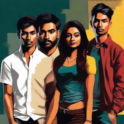 A high-quality digital art image showcasing four individuals, one woman and three men, of Indian descent