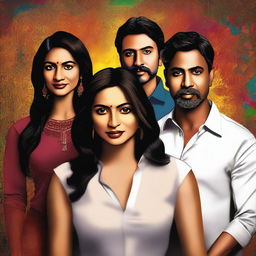 A high-quality digital art image showcasing four individuals, one woman and three men, of Indian descent