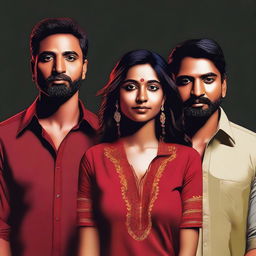 This high-quality digital art image displays four individuals of Indian descent, one woman and three men, set against a dark backdrop