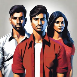 This high-quality digital art image displays four individuals of Indian descent, one woman and three men, set against a dark backdrop