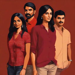 This high-quality digital art image displays four individuals of Indian descent, one woman and three men, set against a dark backdrop