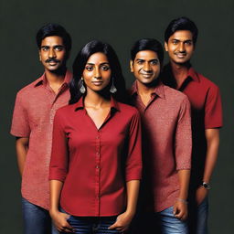 This high-quality digital art image displays four individuals of Indian descent, one woman and three men, set against a dark backdrop