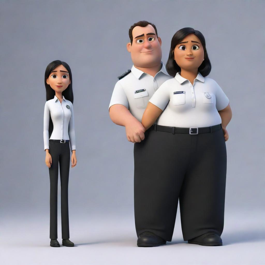 The man officer wearing black trousers and a white shirt with KPPS tag, next to a Muslim woman officer, depicted in Pixar-style animation