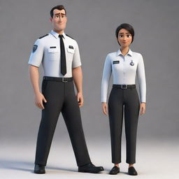 The man officer wearing black trousers and a white shirt with KPPS tag, next to a Muslim woman officer, depicted in Pixar-style animation