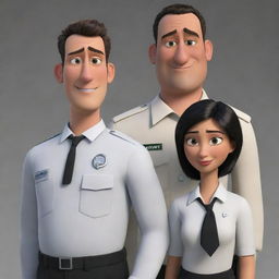 The man officer wearing black trousers and a white shirt with KPPS tag, next to a Muslim woman officer, depicted in Pixar-style animation