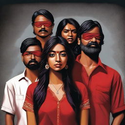 This is a high-quality digital art image featuring four individuals of Indian descent, one woman and three men, against a dark backdrop