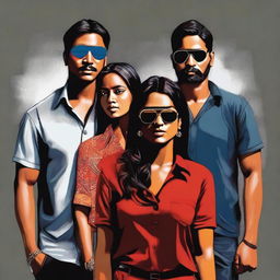 This is a high-quality digital art image featuring four individuals of Indian descent, one woman and three men, against a dark backdrop