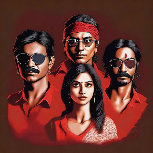 This is a high-quality digital art image featuring four individuals of Indian descent, one woman and three men, against a dark backdrop