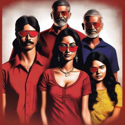 This is a high-quality digital art image featuring four individuals of Indian descent, one woman and three men, against a dark backdrop