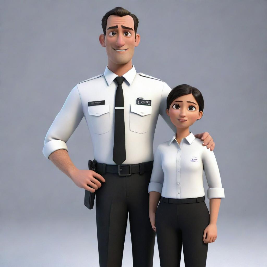 The man officer wearing black trousers and a white shirt with KPPS tag, next to a Muslim woman officer, depicted in Pixar-style animation