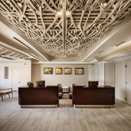 Elegant advocate office interior, 270 sq. ft. with two cabinets, waiting area, professional furniture, intricate ceiling, dimensions 27x10 ft, contemporary style.