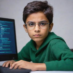 Portrait of a young Pakistani boy portraying a hacker, focusing on elements like coding lines on computer screen, glasses, and a determined expression